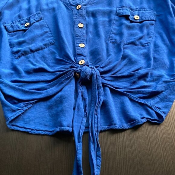 MINE =COBOLT BLUE button down tie front short sleeve shirt Oversized size small - Picture 8 of 10